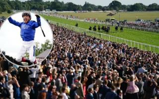 The huge crowd at York racecourse for the final day of the Sky Bet Ebor Festival, with (inset) Frankie Dettori celebrating   after winning with Trawlerman (photo: Mike Egerton/PA)